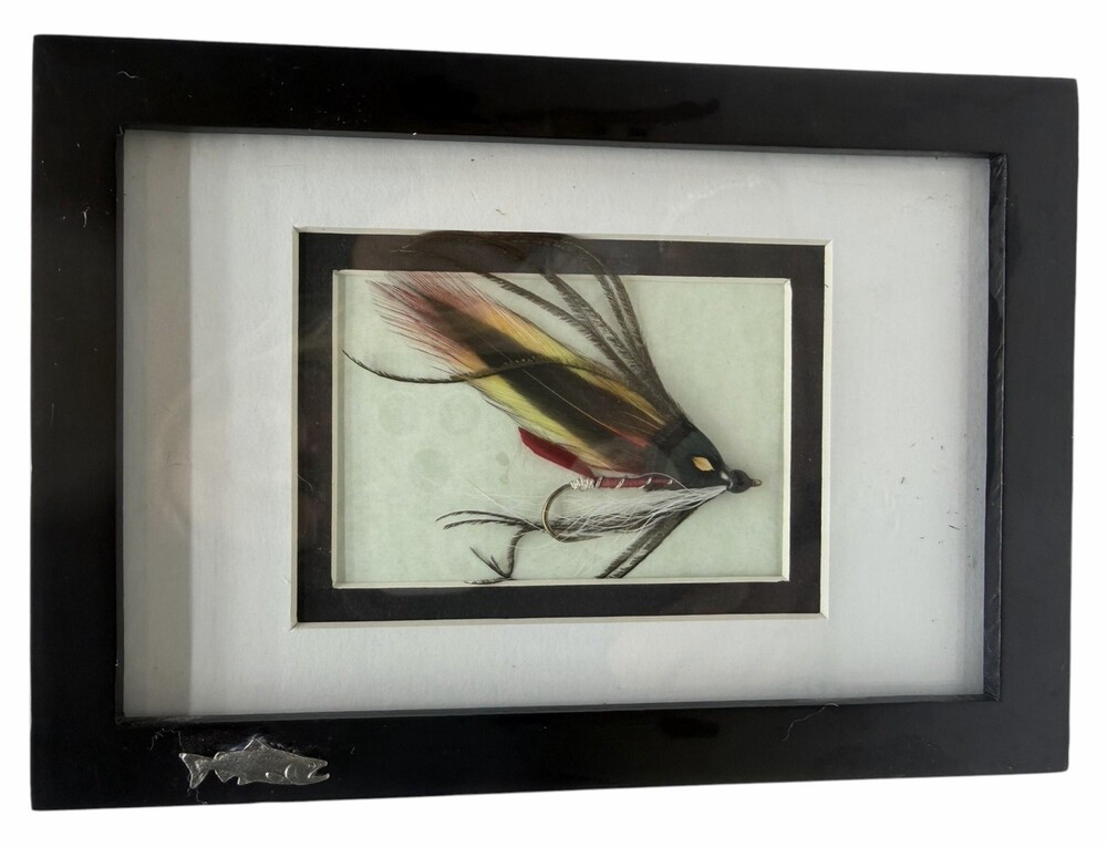 Framed Fishing Fly Lure Real Feather Hook Shadow Box Art Black Frame 5x6.5